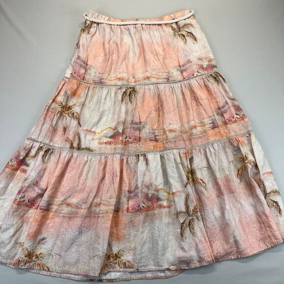 Rachel Zoe Linen Blend Palm Tree Tiered Maxi Skirt Women Lg Beach Tropical Print - Picture 6 of 9